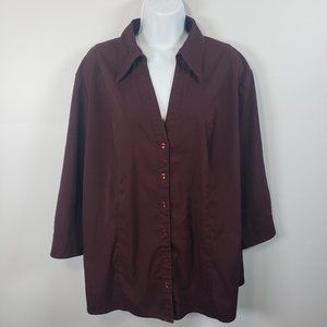 Apostrophe Button Shirt Women’s 18W Plus Burgundy ¾ Sleeves Stretch Top /A163